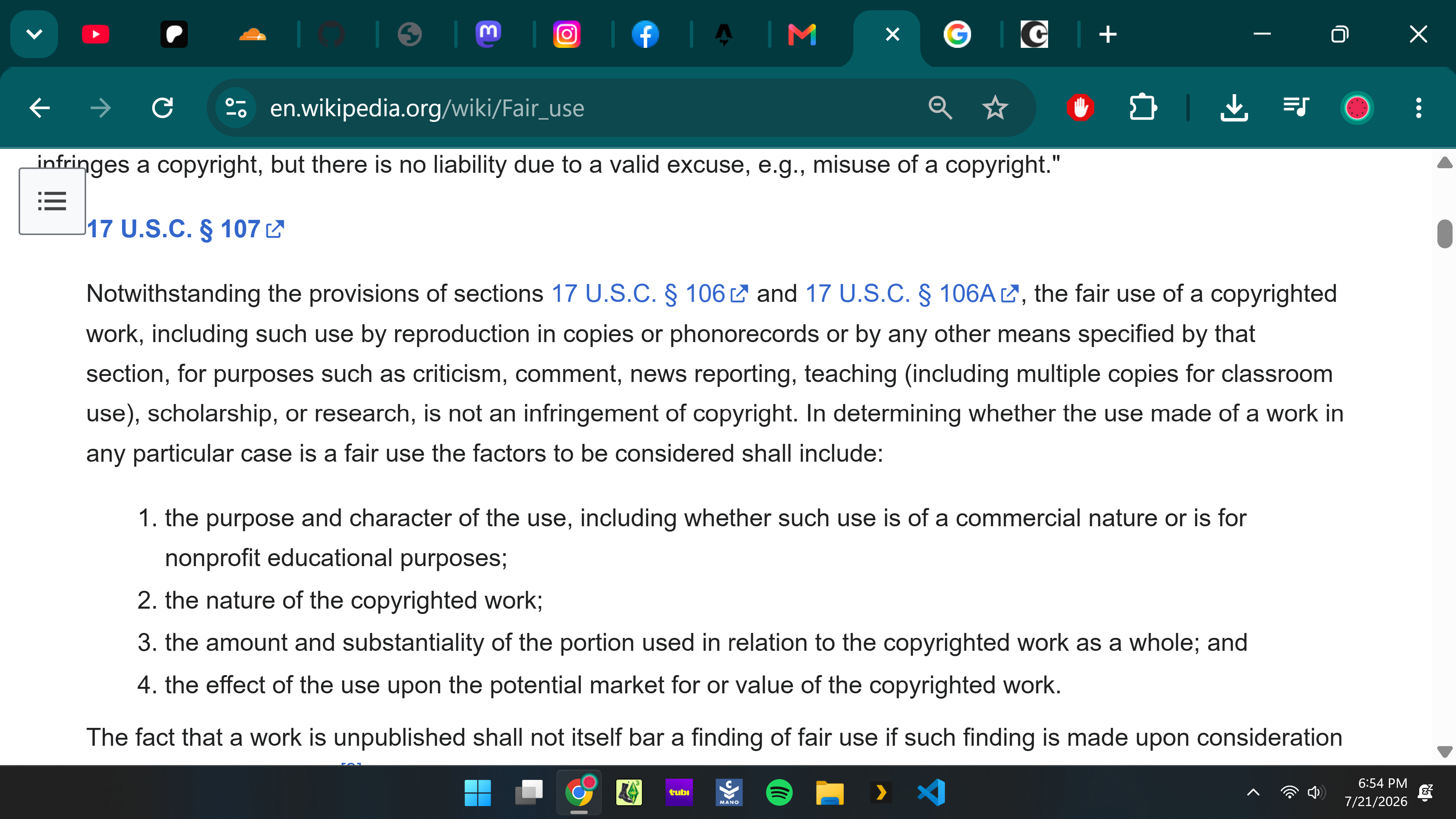 A screenshot of the Fair Use page on Wikipedia.